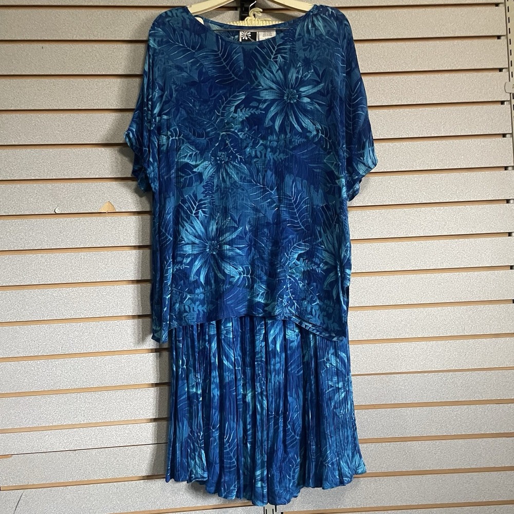 Vintage Phool Skirt Shirt Blouse Set‎ Large Blue Floral Tropical Boho Rayon
